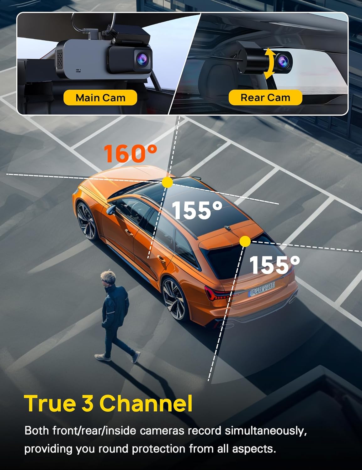 Combo: 3-Channel Dashcam (Front + Cabin + Rear) + 24 Hour Hardwire Kit