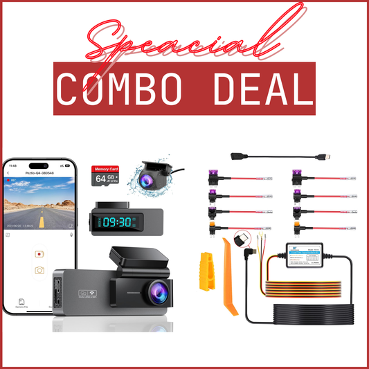 Combo: 2-Channel Dashcam (Front & Rear) + 24 Hour Hardwire Kit